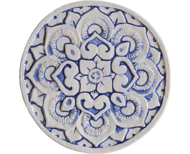 Wall Hanging Ceramic Circle With Mandala Design For Bathroom Decor, Outdoor Art, Tile Kitchen #1 21cm Blue - image 1
