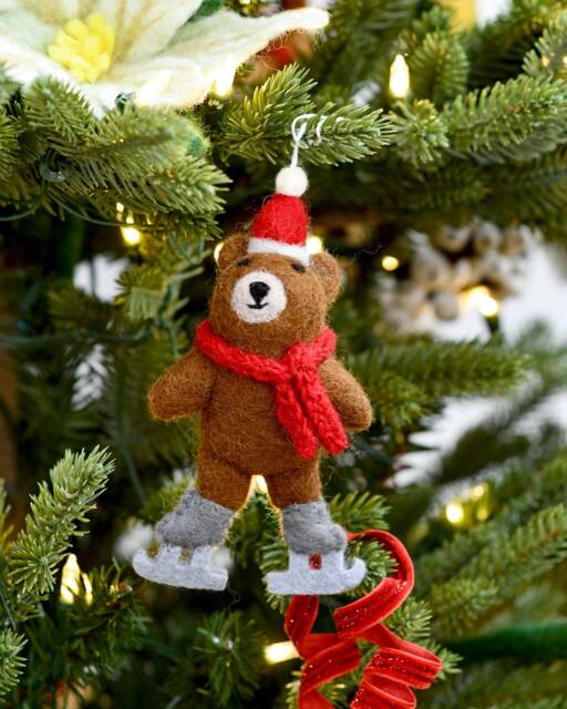 Felt Brown Bear With Ice Skates Ornament, Handmade Christmas Bauble Ornament - image 1