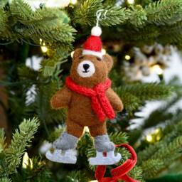Felt Brown Bear With Ice Skates Ornament, Handmade Christmas Bauble Ornament - thumbnail 2