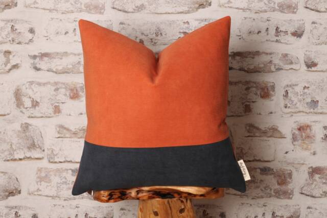 Burnt Orange & Navy Corduroy Cushion Cover Mid-Century Modern Block Design - image 1
