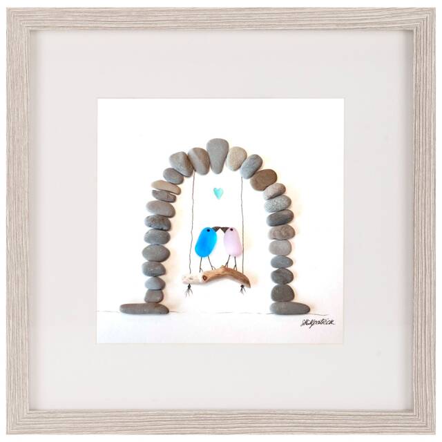 Sea Glass Art, Driftwood & Pebble Picture - Wall Decor Love Swing - image 1