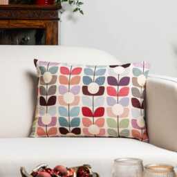Retro Flower Stem Tapestry Boudoir Cushion. Red, Pink, Blue & Orange Block-Print Tulip Floral Vintage Design. 17x12