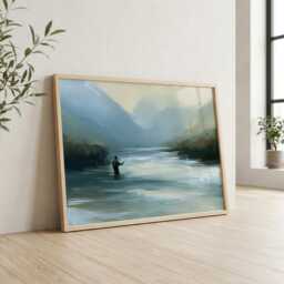 Fishing Landscape Wall Art, Lone Fly Fisherman Print, Scottish Highlands Painting, Mountain River Decor, Angling Gift - thumbnail 4