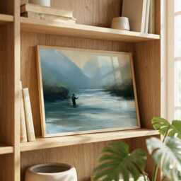 Fishing Landscape Wall Art, Lone Fly Fisherman Print, Scottish Highlands Painting, Mountain River Decor, Angling Gift - thumbnail 3