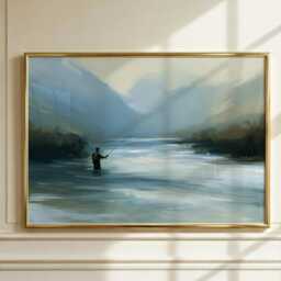 Fishing Landscape Wall Art, Lone Fly Fisherman Print, Scottish Highlands Painting, Mountain River Decor, Angling Gift - thumbnail 1