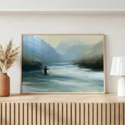 Fishing Landscape Wall Art, Lone Fly Fisherman Print, Scottish Highlands Painting, Mountain River Decor, Angling Gift - thumbnail 2