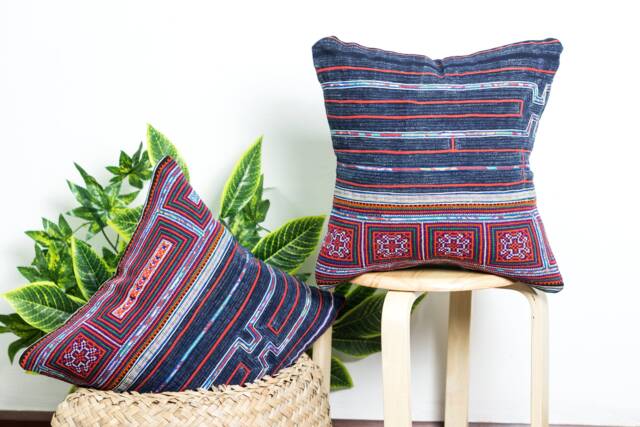 Embroidered Pillowcases - Repurposed Fabric, Square Pillow Covers, Hmong Pattern, Ethnic Cushion, Creations - image 1