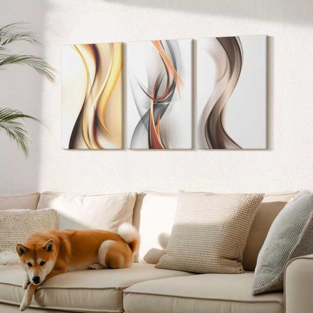 Canvas Set Of 3 Wall Art - Waves in Shades Yellow, Gray & Brown, Yellow Print, Abstract Hanging Piece - image 1