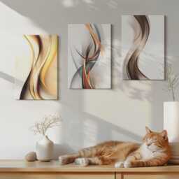 Canvas Set Of 3 Wall Art - Waves in Shades Yellow, Gray & Brown, Yellow Print, Abstract Hanging Piece - thumbnail 3