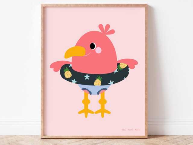 Beach Flamingo Nursery Print - Fun Animal Wall Art For Kids Digital Download Bright Tropical Decor - image 1