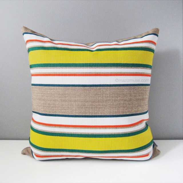 Retro Sunbrella?? Outdoor Pillow Cover in Acid Yellow & Green Stripes, Striped Cushion - image 1