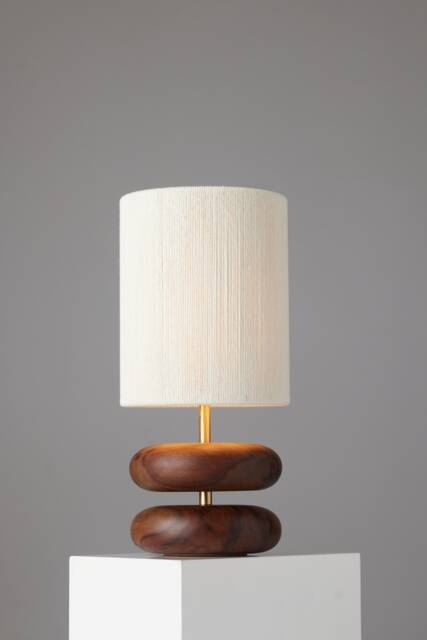 River Rock Walnut Wood Lamp Hand-strung Cotton Lampshade, Reclaimed - image 1