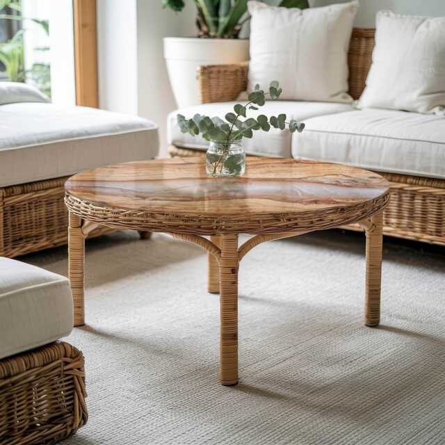 Natural Wood With Resin Glass Table Top, Beige Scandinavian-style Protective Top For Tables - image 1