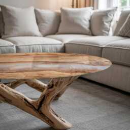 Natural Wood With Resin Glass Table Top, Beige Scandinavian-style Protective Top For Tables - thumbnail 3