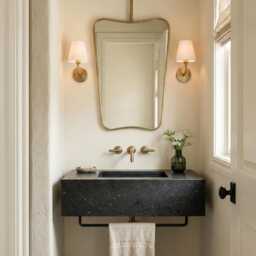 Suspended Curved Brass Mirror - Ceiling Mounted Bathroom - thumbnail 2