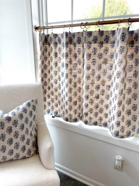 Indigo Floral Cafe Curtain Block Print Linen Drapery - image 1
