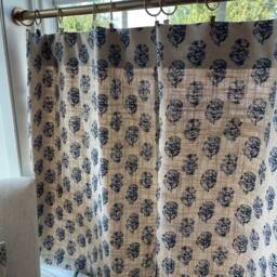 Indigo Floral Cafe Curtain Block Print Linen Drapery - thumbnail 3