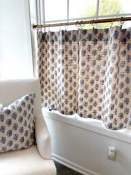 Indigo Floral Cafe Curtain Block Print Linen Drapery - thumbnail 1