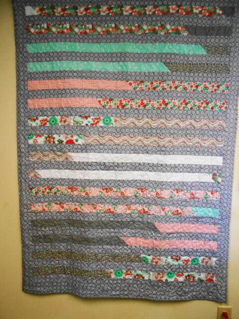 "Handmade Striped Throw Quilt Grey, Pink, Green Cotton Lap Quilt - 50"" X 69" - image 1