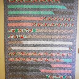 "Handmade Striped Throw Quilt Grey, Pink, Green Cotton Lap Quilt - 50"" X 69" - thumbnail 4