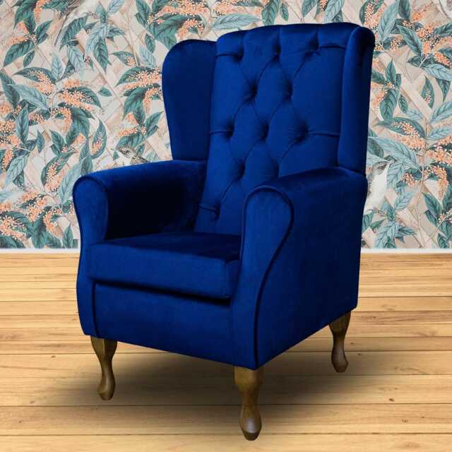Royal Blue Velvet Wingback Chair - Buttoned Armchair Handmade in Britain - image 1