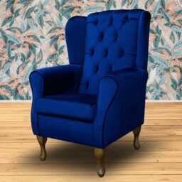 Royal Blue Velvet Wingback Chair - Buttoned Armchair Handmade in Britain