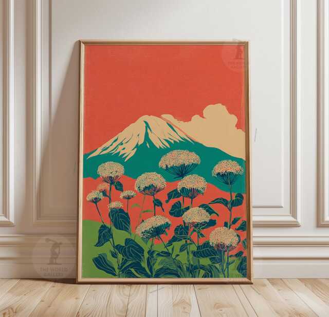Teal & Orange Mountain Poster - Japanese Landscape Wall Snow Capped Peak Botanical - image 1