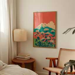 Teal & Orange Mountain Poster - Japanese Landscape Wall Snow Capped Peak Botanical - thumbnail 2