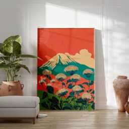 Teal & Orange Mountain Poster - Japanese Landscape Wall Snow Capped Peak Botanical - thumbnail 3