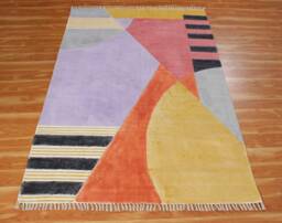 Handmade Cotton Area Rug Yellow Multicolor Block Print, Boho Style
