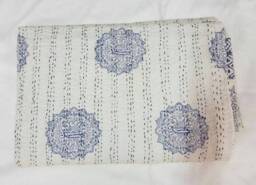 Handmade Kantha Quilt Indian Handblock Print Bedspread, King Size - thumbnail 3