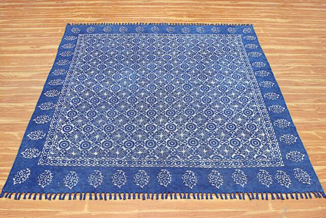 Blue Cotton Area Rug Handmade Block Printed Dhurrie, Indoor Outdoor - image 1
