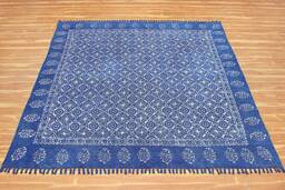 Blue Cotton Area Rug Handmade Block Printed Dhurrie, Indoor Outdoor