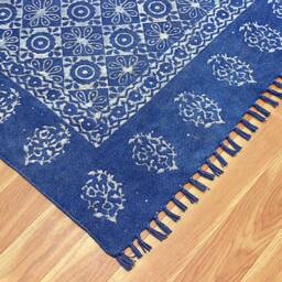 Blue Cotton Area Rug Handmade Block Printed Dhurrie, Indoor Outdoor - thumbnail 4