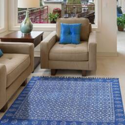 Blue Cotton Area Rug Handmade Block Printed Dhurrie, Indoor Outdoor - thumbnail 2