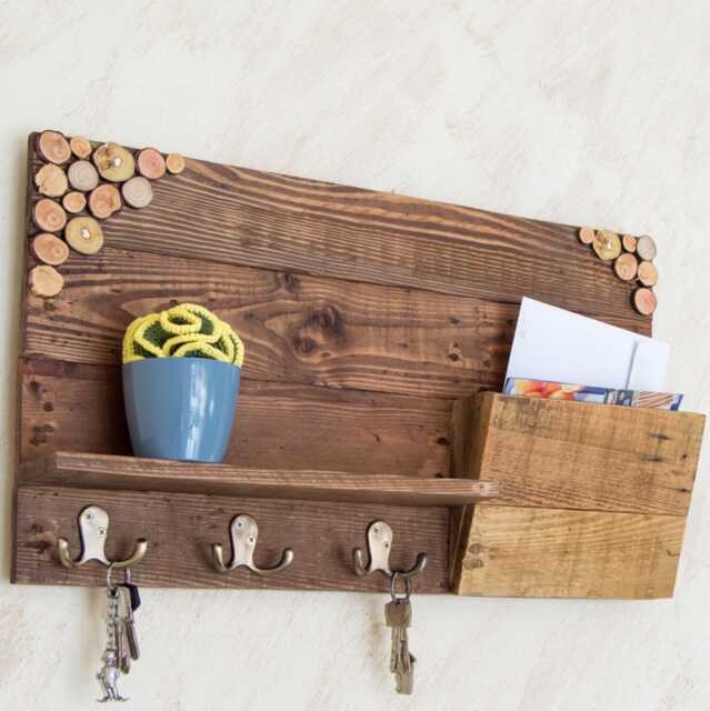 Wall Mounted Key Holder With Storage Shelf in Walnut - Wooden Entryway Organizer - image 1