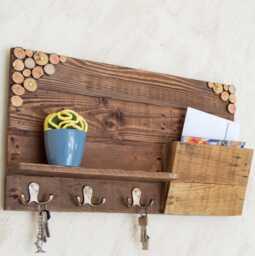Wall Mounted Key Holder With Storage Shelf in Walnut, Wooden Entryway Organizer