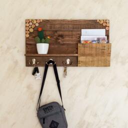 Wall Mounted Key Holder With Storage Shelf in Walnut - Wooden Entryway Organizer - thumbnail 2