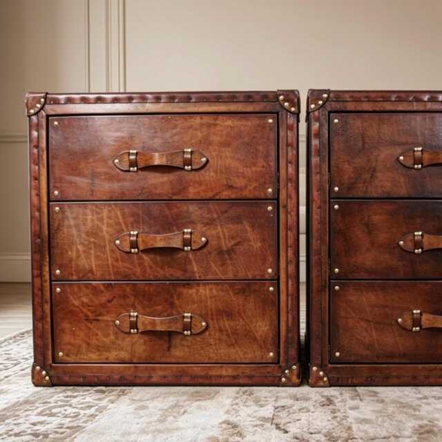 Bridle Leather Bedroom Nightstands Matching Pair, English Handmade Handdyed Bedside Drawers - image 1