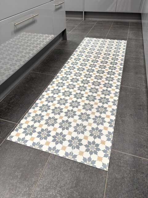 Blue Kitchen Runner Floor Mat in Moroccan Tile Effect Pattern, Decorative Cushioned Linoleum Vinyl Rug - image 1