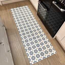 Blue Kitchen Runner Floor Mat in Moroccan Tile Effect Pattern, Decorative Cushioned Linoleum Vinyl Rug - thumbnail 2