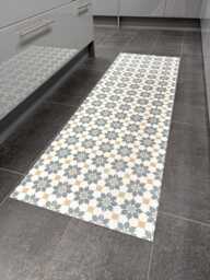 Blue Kitchen Runner Floor Mat in Moroccan Tile Effect Pattern, Decorative Cushioned Linoleum Vinyl Rug