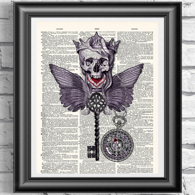 King Skull Key Art Print, Poster Print On Dictionary Book Page, Gothic Wall Art, Tattoo Design, & Pocket Watch Illustration