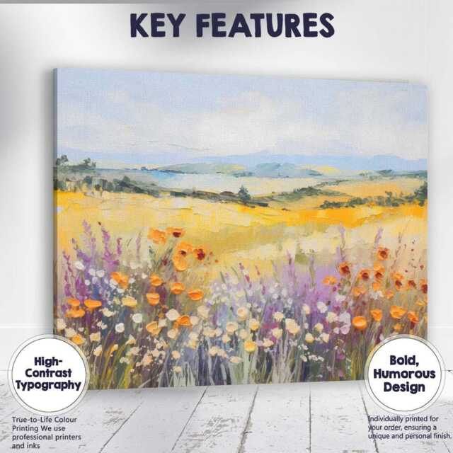 Colourful Wildflower Meadow Rolling Hills Impressionist Landscape Canvas Wall Art Print Decor Picture Ready To Hang - image 1