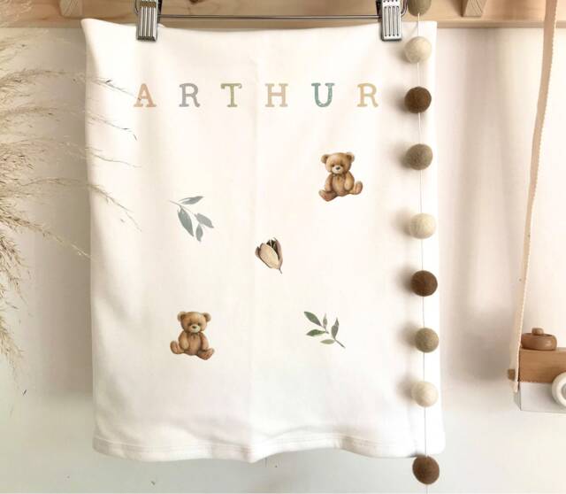 Personalized Bear Baby Blanket Cotton Nursery Decor - image 1
