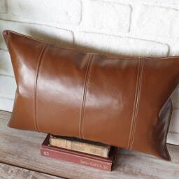 Chestnut Brown Faux Leather Lumbar Pillow Cover With Decorative Stitches/Modern Scandinavian Homes-1Qty - thumbnail 2
