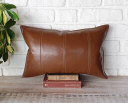 Chestnut Brown Faux Leather Lumbar Pillow Cover With Decorative Stitches/Modern Scandinavian Homes-1Qty - thumbnail 1