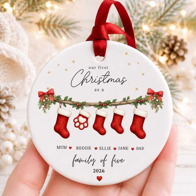 Our First Christmas As A Family Ornament Personalised Of Five Bauble Ceramic Decoration New Baby & Pet Keepsake Gift - image 1