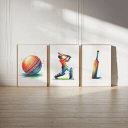 Boys Cricket Poster Prints - Set Of 3 Posters - Sport Wall Art Kids Room Decor Gift Cricketer Artwork Gifts Bedroom Painting - thumbnail 1