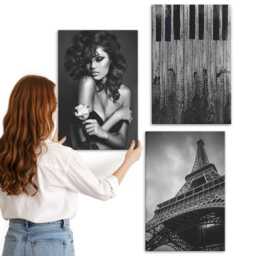 3 Piece Canvas Set - Portrait Of A Woman, The Eiffel Tower, & Piano Pattern, Black White Wall Art Canvas, Artwork Decor - thumbnail 3